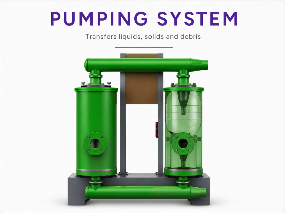 Tarua pumping system for transferring liquids, solids and debris