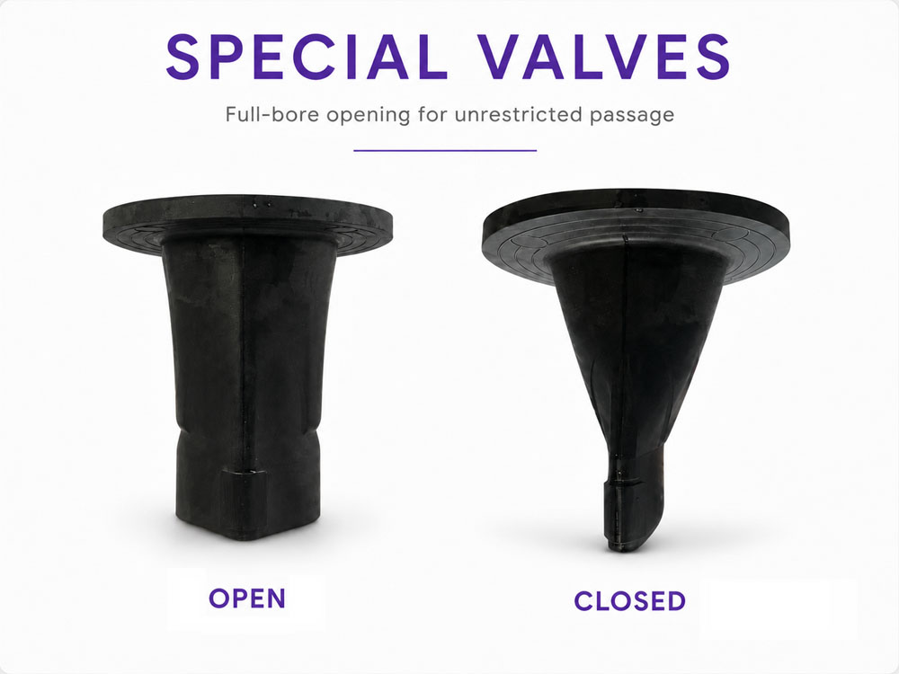 Open and closed full-bore valves used in the Tarua self priming pump