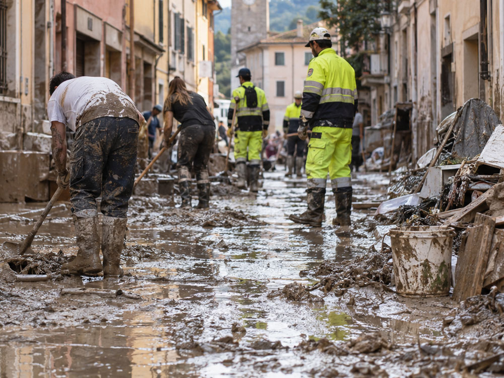 REAS 2026: TARUA ® EMERGENCY per acqua, fango e detriti nel pronto intervento 1 Operatori al lavoro nel fango dopo un'alluvione, tema del pronto intervento a REAS 2026
