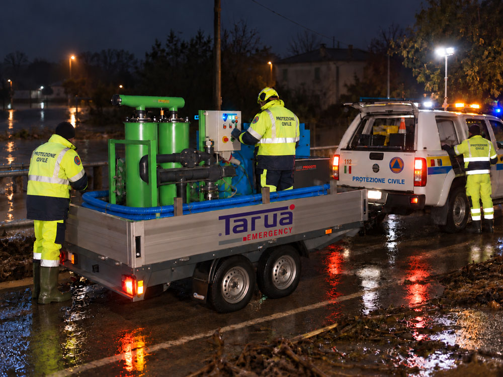 REAS 2026: TARUA ® EMERGENCY per acqua, fango e detriti nel pronto intervento 2 TARUA Emercency su rimorchio durante un intervento notturno con operatori di Protezione Civile